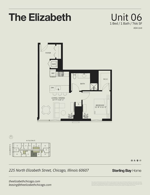 Floor plan for 1 bed, 1 bath, 766 sqft